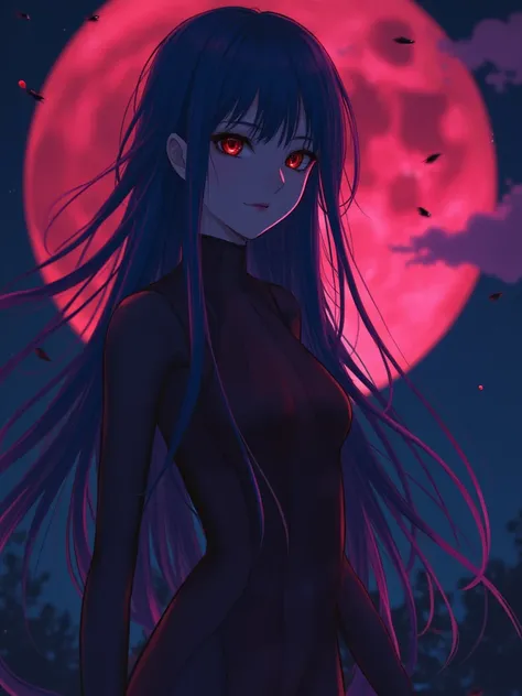 a girl wear dark sakura bodysuit, she has long blue hair and golden eyes.nna blood moon in the night.