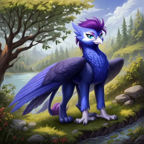 masterpiece, score_9_up, score_8_up, score_7_up, score_6_up, (best quality:1.1), ultra-detailed, high resolution, solo, Anna de Indigo, from equestria at war, griffon, avian, female, indigo purple mane, (beautiful detailed turquoise eyes), long eyelashes, ...