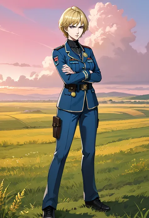 score_9, score_8_up, score_7_up, 1girl,standing,alexanderzh,military uniform,short hair,blonde hair,blue clothes,purple eyes,pants,jacket,medal,holster,full body,scowling,crossed arms,outdoors,rice field,sunrise,pink sky,(solo:1.2),mature female,<lora:Alex...