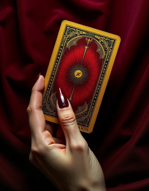 hand gracefully grasping a rich crimson-hued tarot card adorned with intricate designs. Ornate fingers create delicate patterns as soft chiaroscuro lighting enhances the velvet background, revealing subtle textures and giving off a mysterious aura. A close...