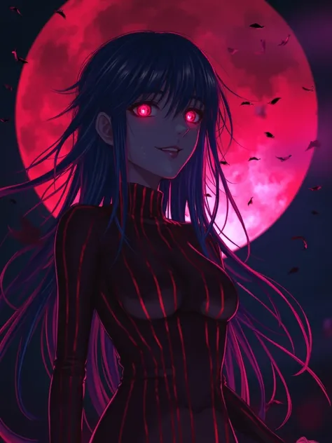 a girl wear dark sakura bodysuit, she has long blue hair and golden eyes.nna blood moon in the night.