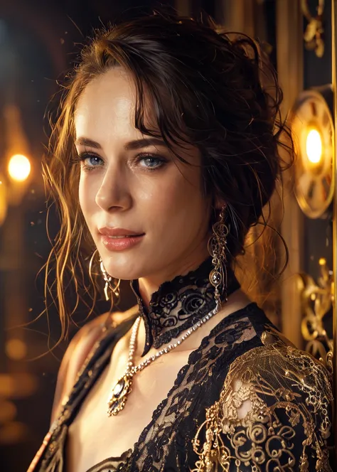 score_9, score_8_up, score_7_up, photo, masterpiece, best quality, dark environment, a woman, (skin pores:1.1), (((steampunk))), (leather with lace), turtleneck, long earrings, necklace, elegant, 8K, extremely detailed, decorated clothing, dragon, bloodwav...