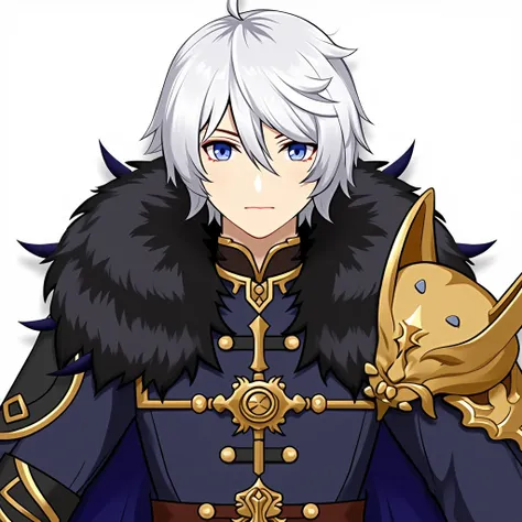 genshinportrait, A male with white hair in a bowl cut. He has piercing blue eyes and tanned skin. His outfit is a black fur coat with spiked mottled fur. One shoulder pad is a large golden metal armour piece. The cat has gold intricate buttons down the cen...