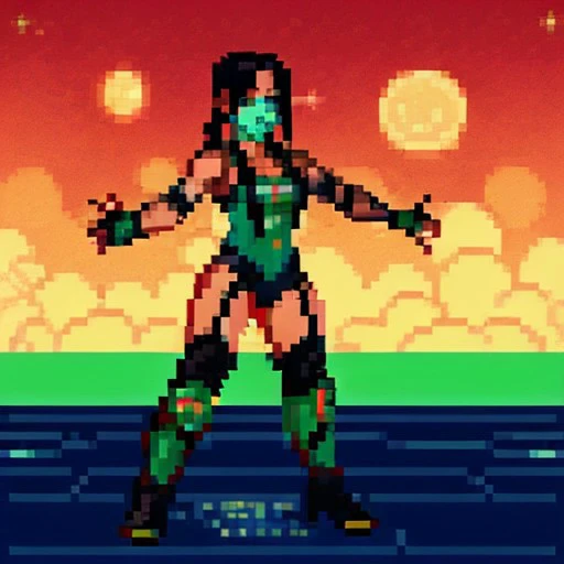 jade from Mortal kombat, dark skin, black hair, double bun, braids, fingerless gloves, green mouth mask, thigh boots, garter straps, green leotard, full-body, battle stance