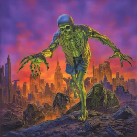 a painting in edrepkastyle, A post-apocalyptic cityscape at sunset, with ruins of skyscrapers in the background. The foreground features a group of decaying zombies in tattered clothing, advancing menacingly toward the viewer. The sky is a mix of ominous p...