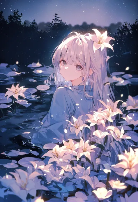 <lora:better_aesthetic_pony6:1>1girl, starry sky, lily (flower), water, blurry background, night, mystical lighting, shirt, fog, source_anime, score_9, score_8_up