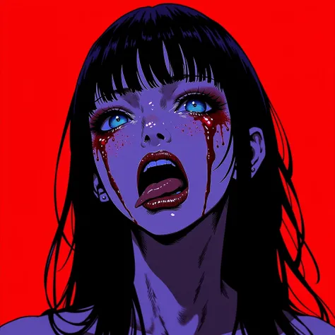 anime_martz, anime_source, paint of a woman with blood splattered on her face and black hair in front of a red background, open mouth, tongue out, distopian paint, the image is composed by blue scale colors,