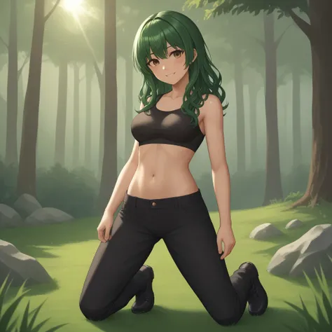 score_9, score_8, BREAK, long hair, 1girl, green hair, wavy hair, brown eyes, black crop top, stomach, navel, breasts, black pants with white stripes, black shoes, ddr, Bossa_(DDR_HOTTEST_PARTY_3), sexy pose, smile, outdoors, sunlight, shadows, evening lig...