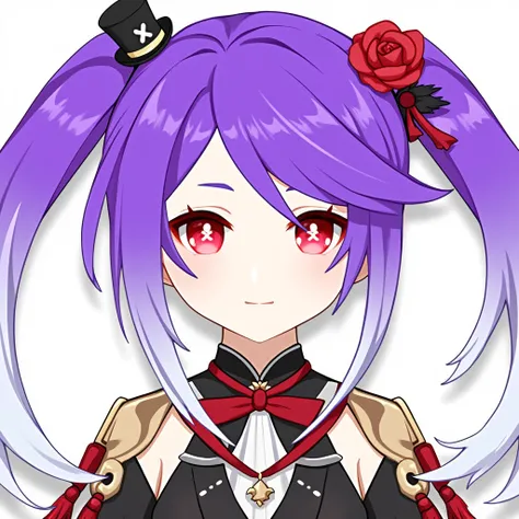 genshinportrait, A female with bright purple hair that gradients to silver. She has dual pigtails that have a bright red rose pinned to them on each side. her eyes are red with white X shapes in the center. She has a tiny top hat decoration pinned to the t...