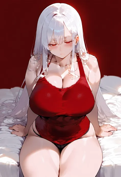 score_9, score_8_up, score_7_up, best quality, source_anime BREAK, 1girl, red eyes, pale skin, white hair, long hair, blush, red tank top, tired, large breasts, thick thighs, half-closed eyes, sitting on bed, red background, simple background, <lora:Erotic...