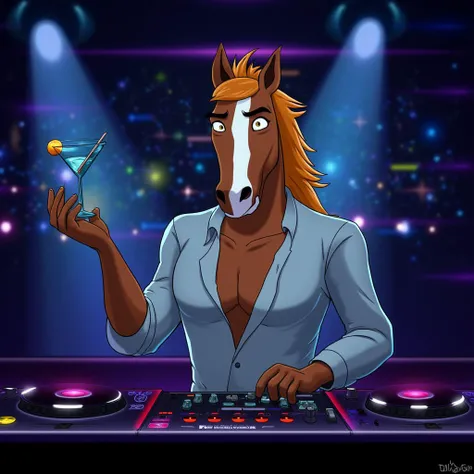 a horse character is a DJ at a night club, fish eye lens, smoke machine, lazer lights, holding a martini FluxToon style  <lora:FluxToon_style_flux_lora:1.0>