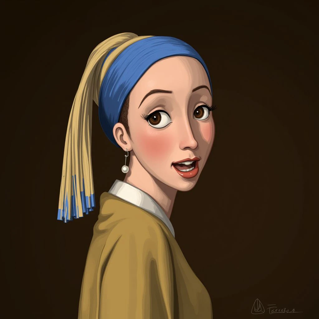 A girl character with a pearl earring by Vermeer FluxToon style  <lora:FluxToon_style_flux_lora:1.0>