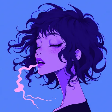 anime_martz, anime_source, paint, an illustration of a woman with curly hair and smoke coming out of her mouth on top of a blue background, the woman is in purple scale colors,