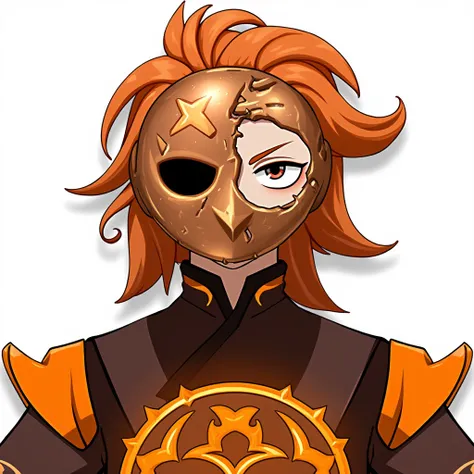 genshinportrait, A male with a large spherical mask on. the mask is copper, worn and chipped in half, his face visible, with a star type pattern and single black eye, similar to a genshin ruin guard. flowing orange hair can be seen out the back of the mask...