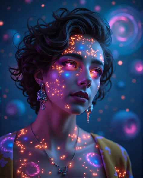 an ethereal katiesips with eyes and face glowing like galaxies, surrounded by swirling, vibrant cosmic colors, ultra-detailed and photorealistic rendering, soft ambient lighting, starry nebulae in the background, dynamic and radiant color gradients, glowin...