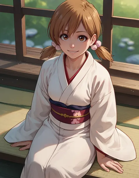 <lora:Yuzu:1>, 1girl, yuzu kurosaki, sitting, kimono, twintails, facing viewer, smile, score_9, score_8_up, score_7_up, source_anime,