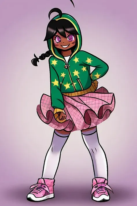 lupemagica, 1girl, solo, skirt, ahoge, black hair, long hair, purple eyes, dark skin, braid, hoodie, star print, pink skirt white thighhighs, green footwear, standing, smiling, full body