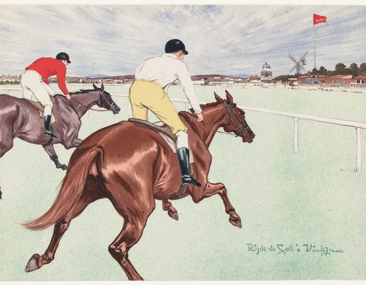 the art by ltrc depicts two jockeys riding horses at a racetrack. the jockey in the foreground wearing a white shirt and yellow ...