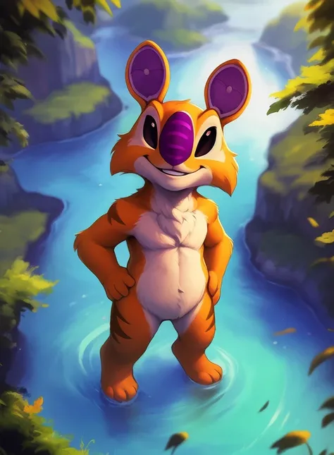 <lora:SampleLiAnStFurryMix:1> SampleLiAnSt,  naked, purple nose, orange fur, black eyes, black sclera, (chibi,)
[  (nature), forest, day, clouds, waterfall,  smile,]  ((Hands on hips, standing, high-angle view,))
(beautiful, aesthetic, perfect, delicate, i...