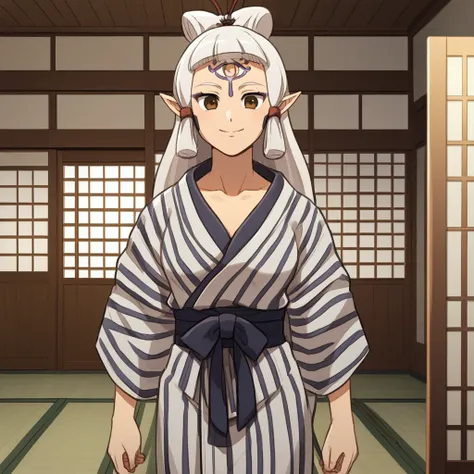 score_9, score_8_up, score_7_up, score_6_up, score_5_up, score_4_up, zPDXL2,source_anime,rating_questionable,1girl, cowboy shot, smile, ryokan, tatami, <lora:Impa_-_Age_of_Calamity:0.8> Impa_AOC, white hair,pointy ears, brown eyes,facial mark, forehead mar...