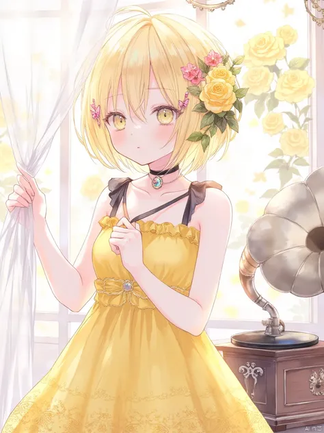 yunran,A girl with short golden hair and yellow eyes. There are yellow roses and butterfly-shaped hair clips in her hair. She is wearing a yellow dress. Around her neck is a gemstone necklace and a black choker. The straps of the dress are black. The girls...