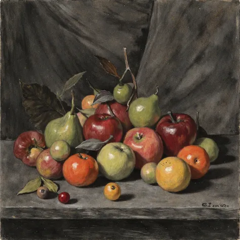 the art by ltrc depicts a still life of various fruits. the colors are monochrome with calm reds oranges greens and yellows. the...