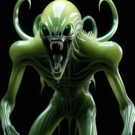 full view, giger-style, an alien-like creature with a light yellow translucent body, open mouth, screaming, high detailed greenish eyes, long teeth, two legs, two arms, 8K, UHD, ultra sharp, ultra realistic, masterpiece