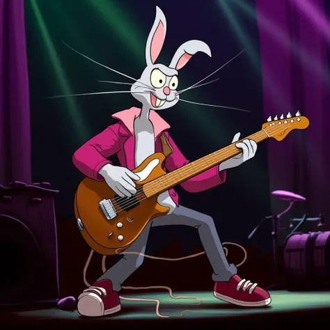 Rabbit character playing the guitar, on stage, singing a song, laser lights, punk rocker FluxToon style  <lora:FluxToon_style_flux_lora:1.0>