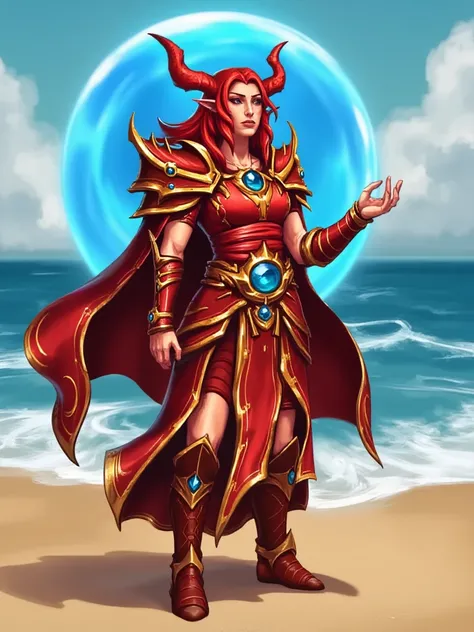 a handpainted stylized female blood elf wearing a red and gold armor with a red cape. she has red hair and horns. she is standing on a beach with a blue orb in the background. the image is in a world of warcraft style.