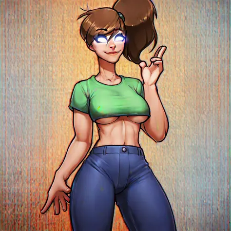 HCHerobrine,score_9, score_8_up, score_7_up, score_6_up, score_5_up,side ponytail, brown hair, glowing eyes, croptop,underboob,jeans,looking at viewer