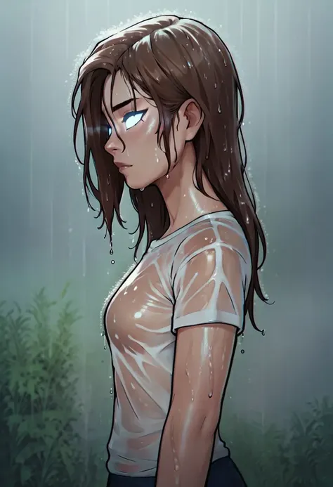 wet shirt,HCHerobrine,score_9, score_8_up, score_7_up, score_6_up, score_5_up, brown hair,wet hair, glowing eyes,wet skin,raining,side view