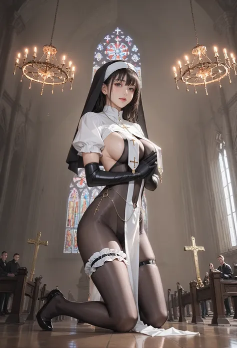 ,ruanyi0941,chandelier,church,indoors,statue,
crowd,praying,,ruanyi0557,black bodysuit,breast curtains,bridal garter,chain,cross,elbow gloves,nun,o-ring,pelvic curtain,puffy short sleeves,thigh strap,veil,black pantyhose,white shirt,black gloves,thigh gap,...