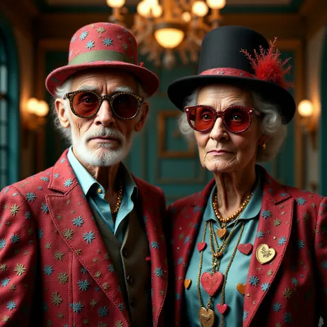 It is a stunning full-body photo of two extremely tall and skinny quirky elderly couple, a man and a woman, with eccentric figures. They wear outrageously colorful Vogue-style outfits and large, extravagant glasses, complemented by whimsical and flamboyant...