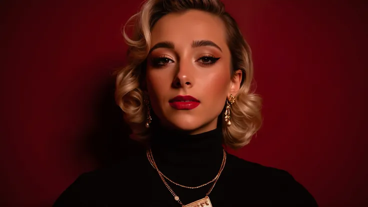 portrait of a woman katiesips with vintage Hollywood glam, showcasing soft, wavy platinum blonde hair styled in the 1950s fashion, vibrant red lips, and flawless skin with a dewy finish, wearing an elegant black turtleneck top. The scene is illuminated by ...