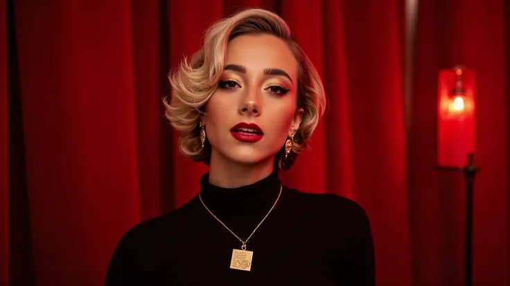 portrait of a woman katiesips with vintage Hollywood glam, showcasing soft, wavy platinum blonde hair styled in the 1950s fashion, vibrant red lips, and flawless skin with a dewy finish, wearing an elegant black turtleneck top. The scene is illuminated by ...