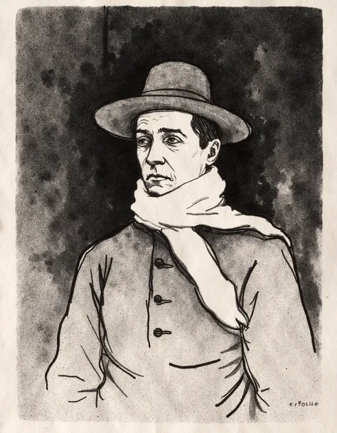 the art by ltrc depicts a monochromatic possibly charcoal or ink sketch of a man. the man appears to be wearing a wide-brimmed h...