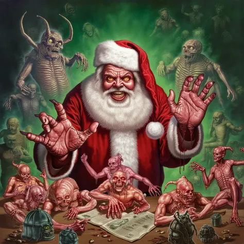 The scene should depict a horrifyingly exaggerated version of Santa Claus amidst a nightmarish Christmas setting. The evil Santa, with a grotesque, sinister face and menacing expression, is portrayed in a soft, highly detailed painting style. He is surroun...