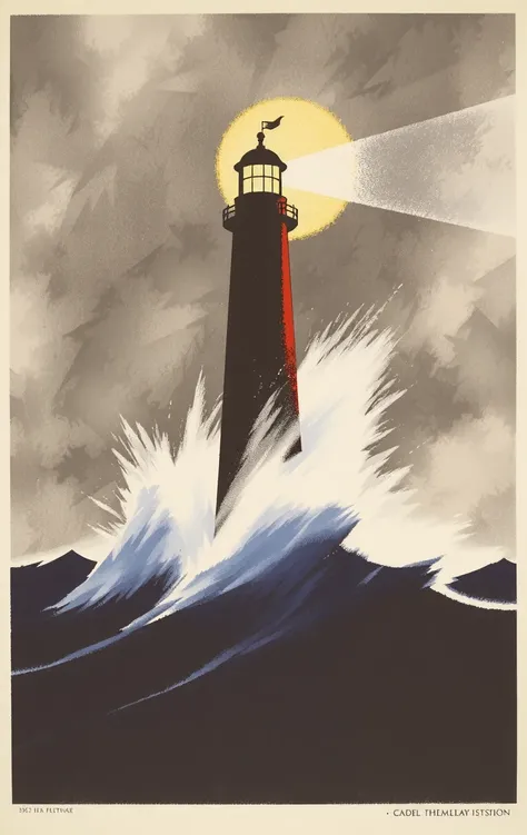 propaganda poster is a painting of a lighthouse in the middle of a stormy sea. The lighthouse is black and red in color and has a pointed top with a small chimney on top. The sky is filled with dark clouds and the sun is shining brightly in the background,...