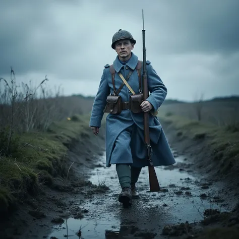 A WW1 French soldier walking through a rain-soaked battlefield. He is dressed in a blue coat, with water droplets visible on his helmet and rifle. The sky is dark with rain clouds, and puddles form on the ground as he moves carefully through the mud. <lora...