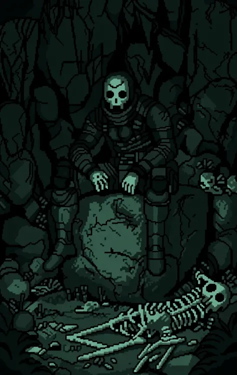 pixel art shows a man sitting on a rock in a dark and eerie forest. He is wearing a full-body suit with a helmet that has a skull-like design on it. The suit appears to be made of a camouflage material and has multiple pockets and straps. The man is sittin...