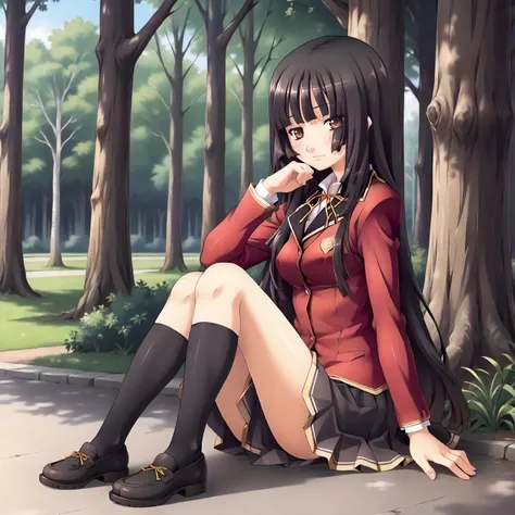 <lora:SDG_HiyoriKozakuraXLpony001>,
outdoors,nature,
solo,
HiyoriKozakura,1girl,black hair,long hair,hime cut,brown eyes,
school_uniform,red jacket,
pleated_skirt,
full body,sitting,