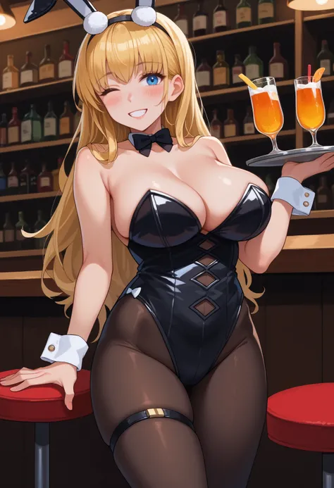 score_9,score_7_up,1girl,jelonhcathd,huge breasts,blue eyes,blonde hair,hair between eyes,long hair,bar,holding tray,drink,white bow,thigh strap,black hairband,fake animal ears,detached collar,black bowtie,black leotard,stomach cutout,wrist cuffs,brown pan...