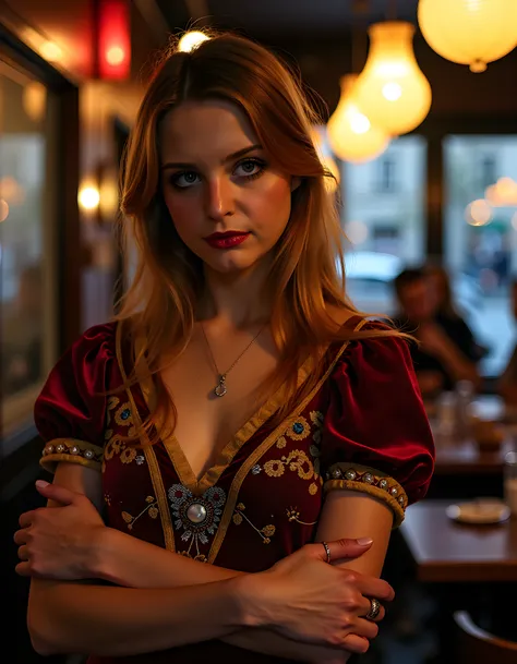 In a dimly lit, bohemian Parisian café at twilight, ELL4M, a striking woman with cascading brown hair and a bold, red lipstick-stained mouth, stands poised with her arms crossed and parted blonde eyebrows raised in intrigue. Her piercing blue eyes meet the...