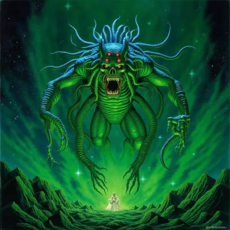 a painting in edrepkastyle, The image is a striking horror poster featuring a monstrous, tentacled creature resembling Cthulhu, which dominates the scene with its imposing and otherworldly presence. The creature, with its dragon-like head adorned with nume...