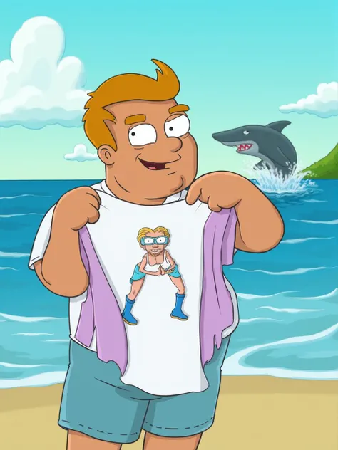 a man character showing off his cool new t shirt at the beach, a shark character is jumping out of the water in the background FluxToon style  <lora:FluxToon_style_flux_lora:1.0>