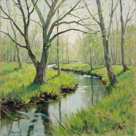 The art by Ltrc depicts a green spring forest with tree and a river. The color palette is soft dominated by whites greens and earthy tones evoking a sense of peace and tranquility.