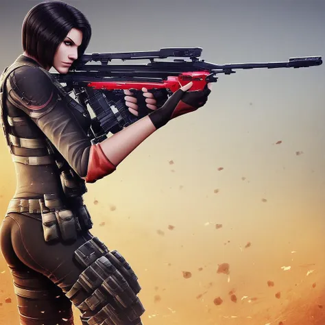 assault rifle, rifle, weapon, 1girl, fingerless gloves, short hair, black hair, gloves, gun, solo