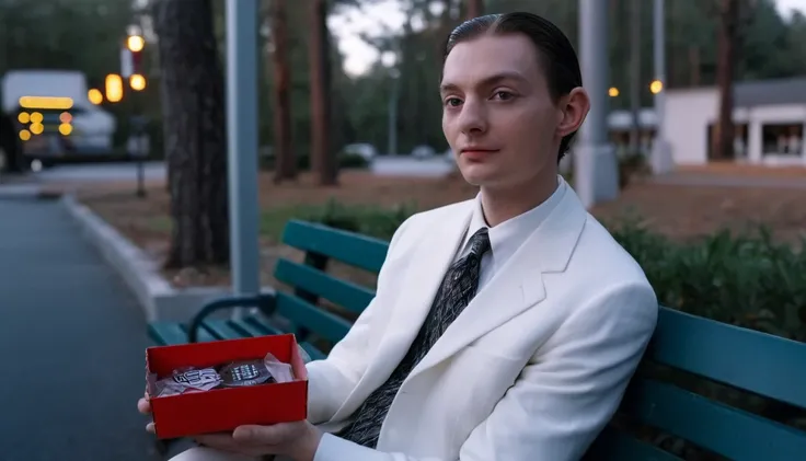 cinematic film still reviewbrah starring in the film "Forest Gump",man,<lora:Reviewbrah SDXL:0.9>,sitting on bench waiting for the bus,(closeup:0.6),white suit,holding a box of chocolate, . shallow depth of field, vignette, highly detailed, high budget, bo...