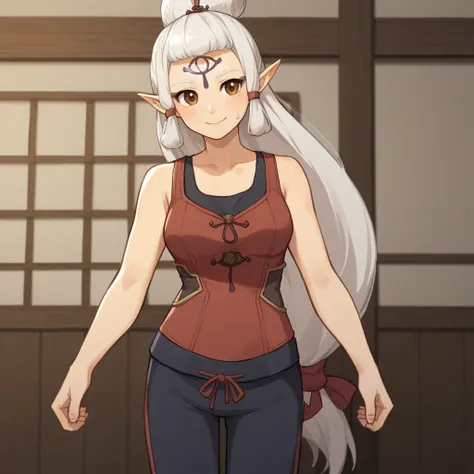 score_9, score_8_up, score_7_up, score_6_up, score_5_up, score_4_up, zPDXL2,source_anime,rating_questionable,1girl, cowboy shot,indoors, smile <lora:Impa_-_Age_of_Calamity:0.8> Impa_AOC, white hair,pointy ears, brown eyes,facial mark, forehead mark, casual...