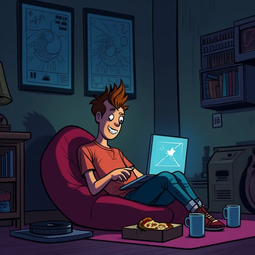 A cartoon illustration of a 40-year-old man sitting on a bean bag in a dimly lit living room, coding on his laptop late at night. He’s surrounded by empty coffee mugs and a half-eaten pizza box, intensely focused on the screen. Appearance: His spiky hair i...